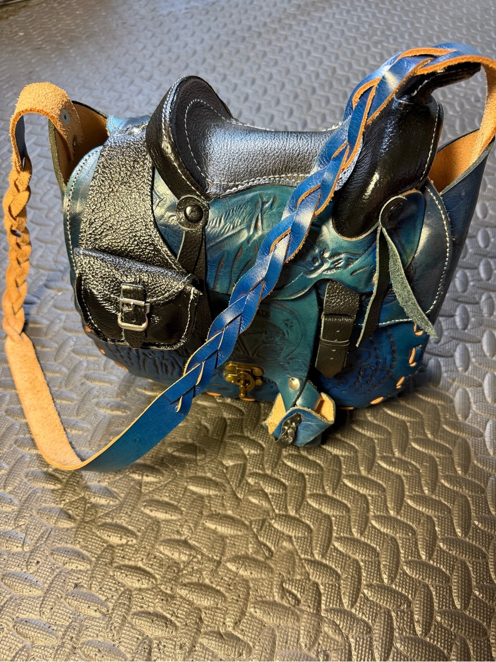 Blue Leather Western Saddle Purse Horse Tooled Made in Mexico NWOT